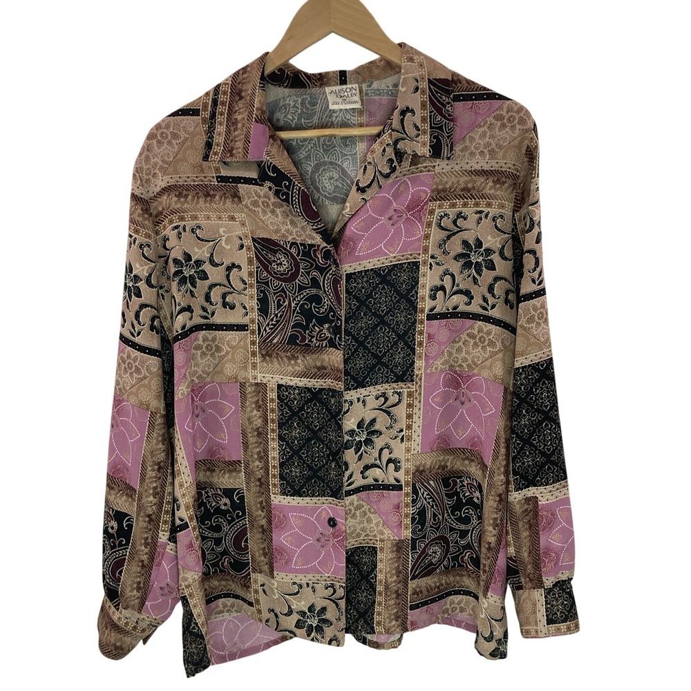 Allison Daley 16 Women Brown Floral Shirt Button Up Long Sleeves V Neck